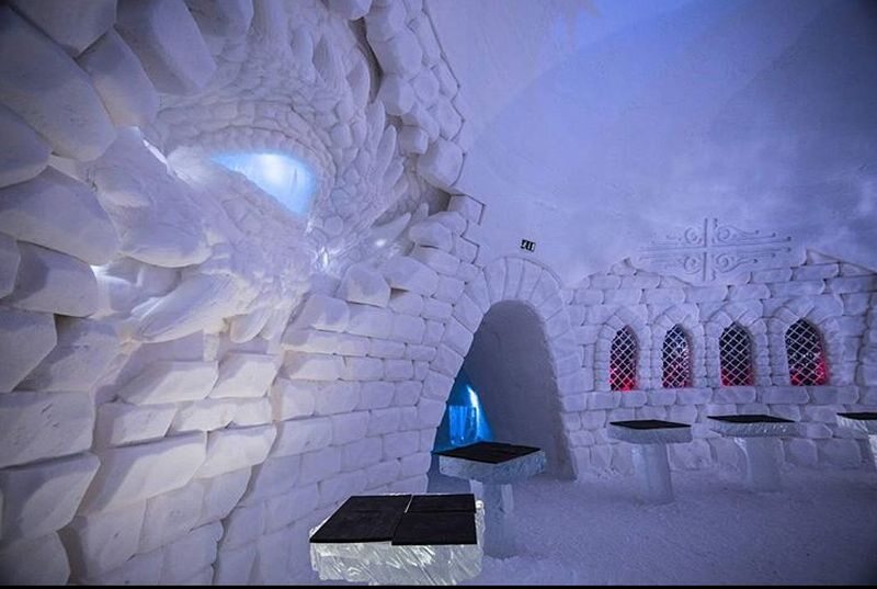 Hotel made of ice and snow.  Inspired by "Game of Thrones", the facility was created in Lapland