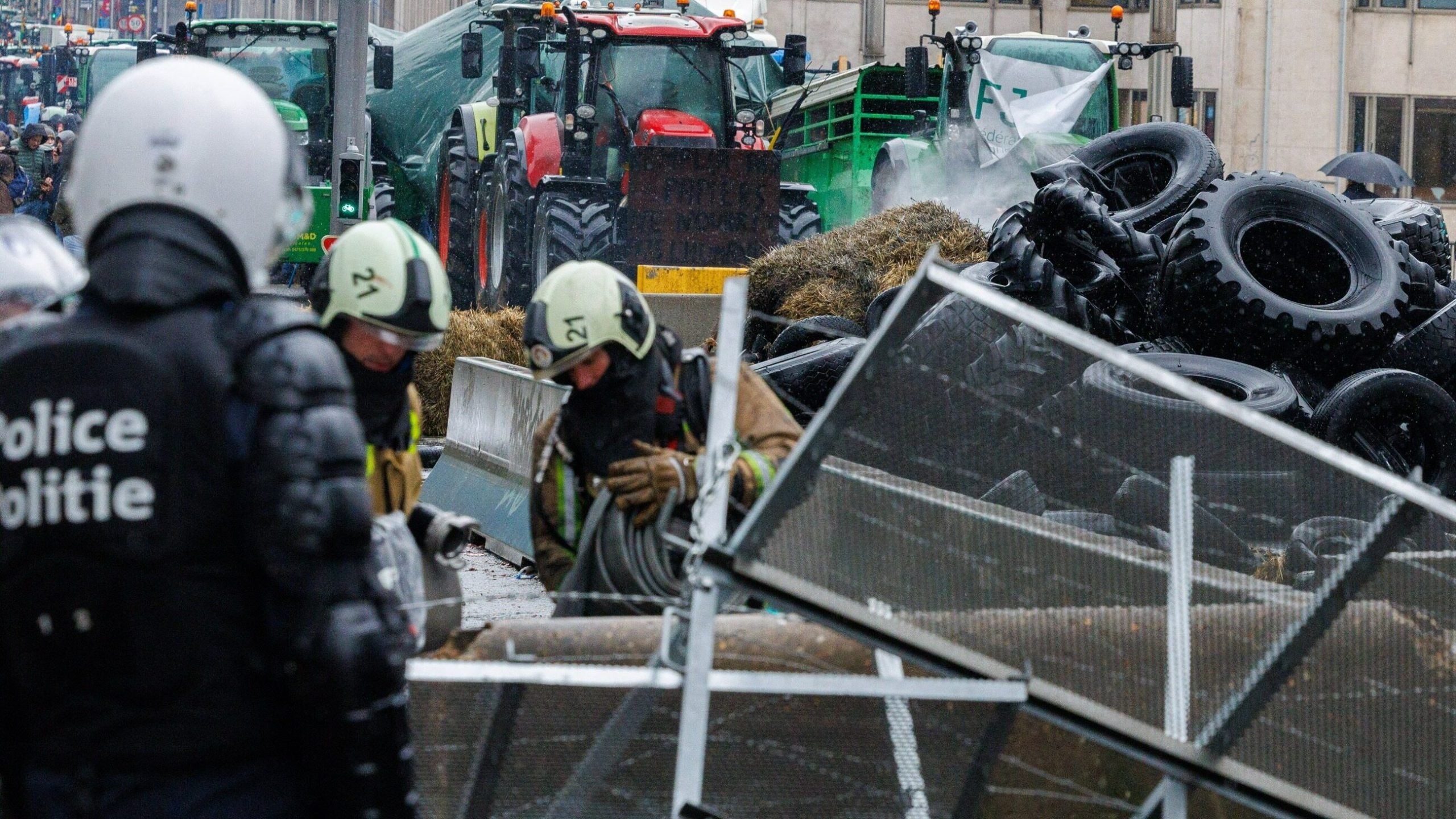 Burning tires, scattered manure.  This is what the farmers' protests in Brussels looked like